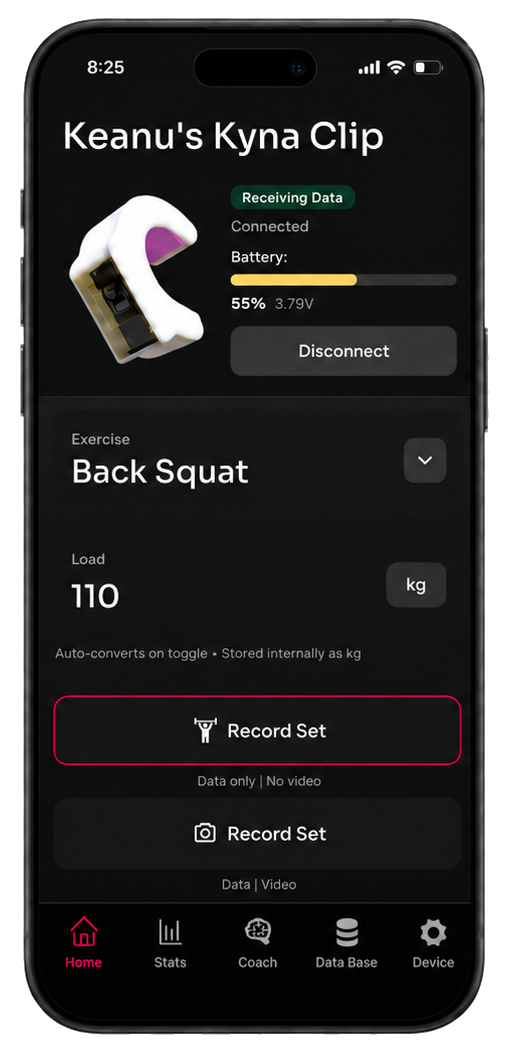 Kyna app home screen showing device connection, exercise selection, and record buttons.